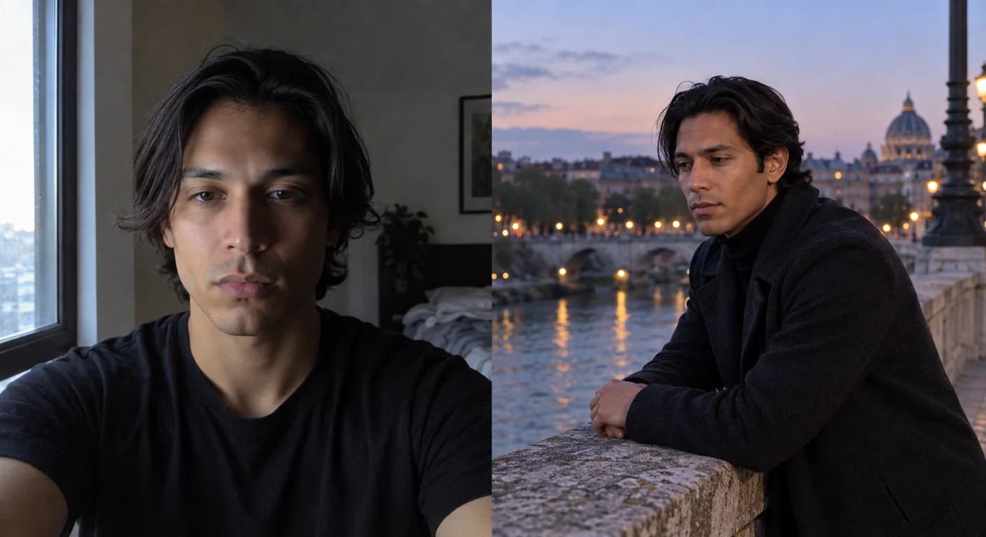 Illustration IA : selfie du quotidien et nouvelle pose dans une scène photo